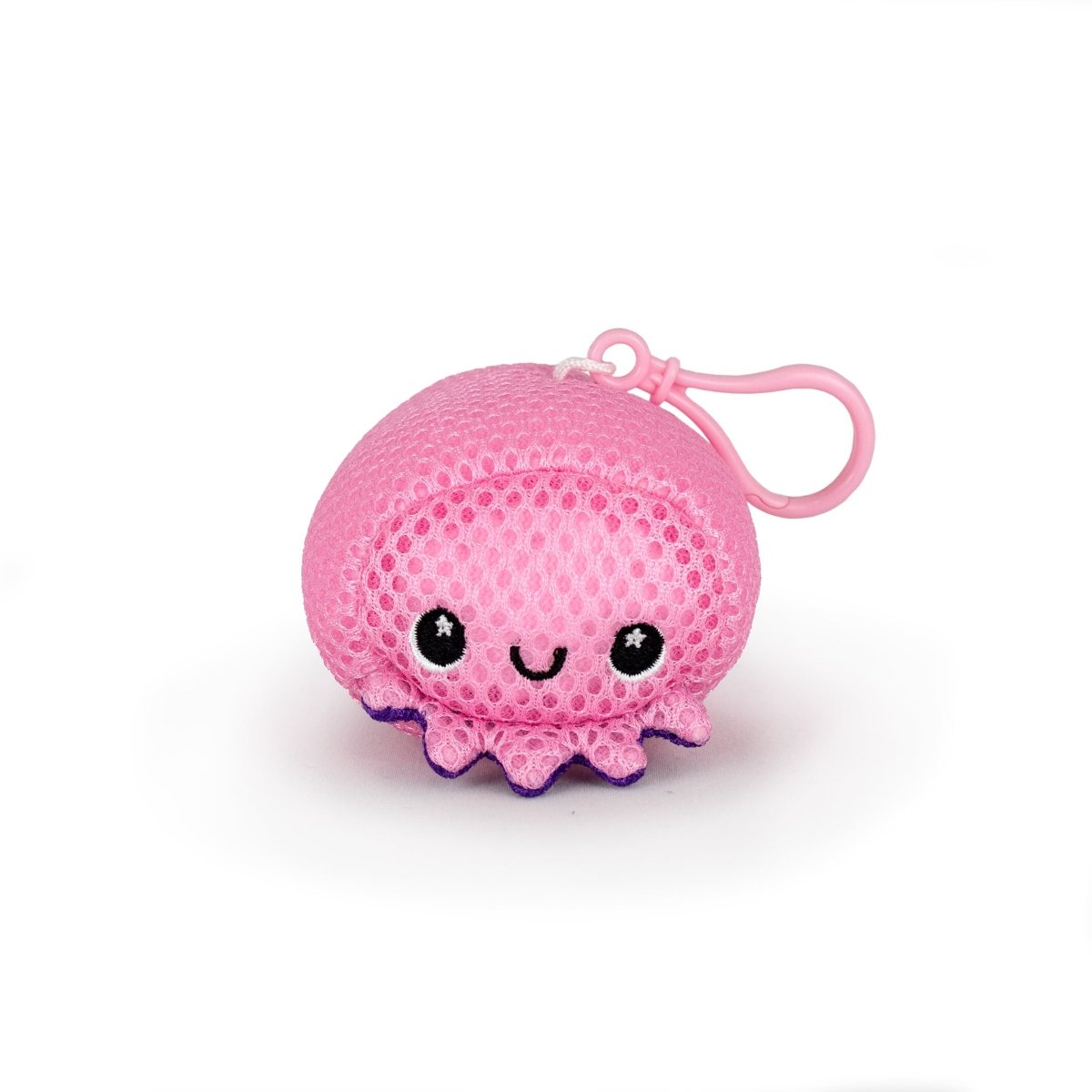 The Aqua Plush Clip-on Handi Andi is a small, pink, water-friendly jellyfish plush keychain with black embroidered eyes, a smiling mouth, fast-drying mesh, and a pink plastic clip—ideal for pool or bath time. Shown on a white background.