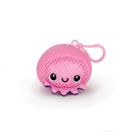 The Aqua Plush Clip-on Handi Andi is a small, pink, water-friendly jellyfish plush keychain with black embroidered eyes, a smiling mouth, fast-drying mesh, and a pink plastic clip—ideal for pool or bath time. Shown on a white background.