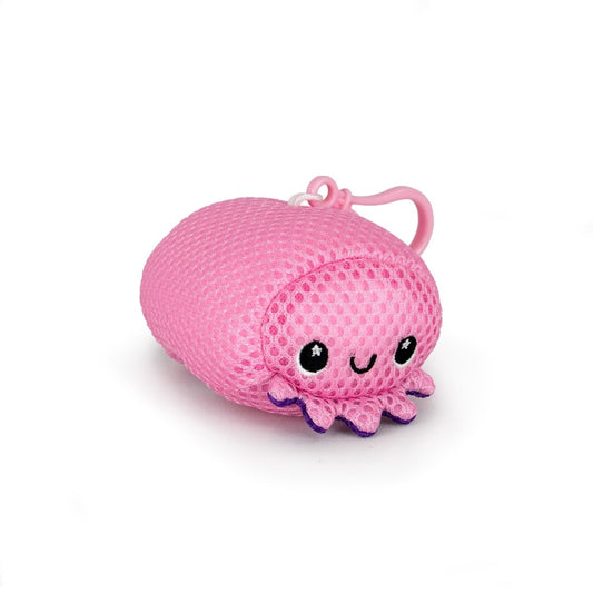The Aqua Plush Clip-on Handi Andi is a pink, fast-drying mesh plush toy with a smiling face, black eyes, purple tentacle-like feet, and a pink hanging loop—ideal for bath or pool use and shown against a white background.