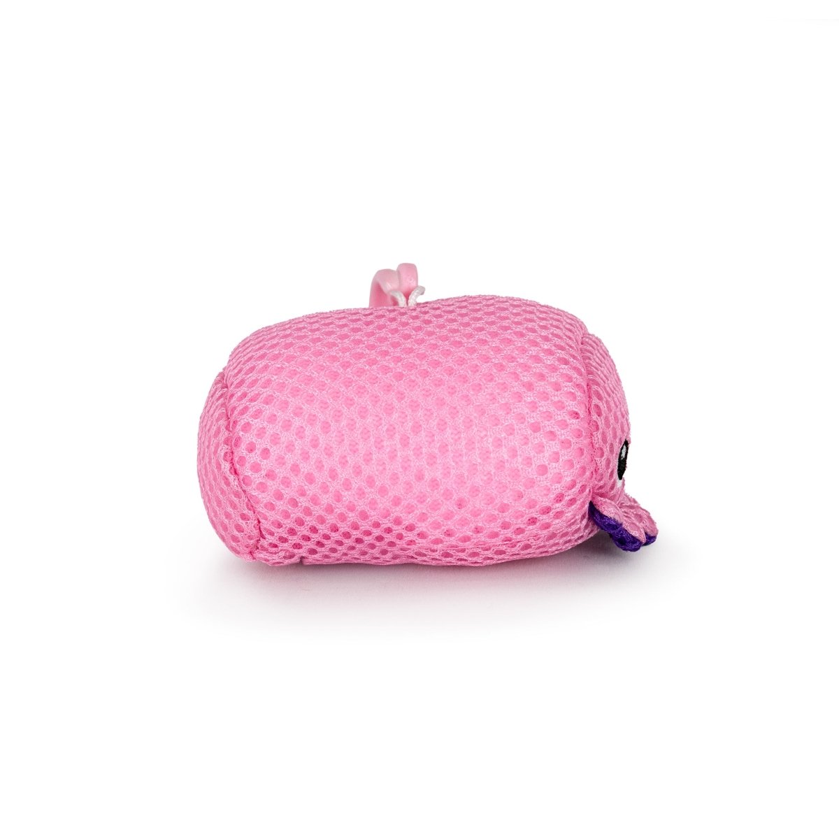 The Aqua Plush Clip-on Handi Andi is a pink, fish-shaped, water-friendly plush toy with fast-drying mesh fabric, a small tail, black eye, and purple mouth—ideal for bath or pool use and shown lying on its side against a white background.