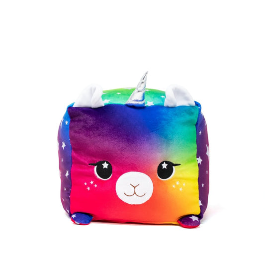 Introducing Jewel the Llamacorn Plushie: a vibrant, cube-shaped toy with a rainbow gradient and white star designs. It features a unicorn horn, small ears, and an adorable embroidered face with big eyes—a perfect companion for endless cuddles.