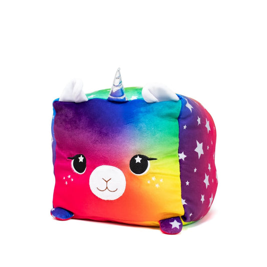 Jewel the Llamacorn Plushie, a vibrant cube-shaped toy with a whimsical rainbow gradient design, features adorable llama corn details like a white horn, ears, small legs, star-patterned sides, and a cute face—perfect for cuddles and playful adventures.