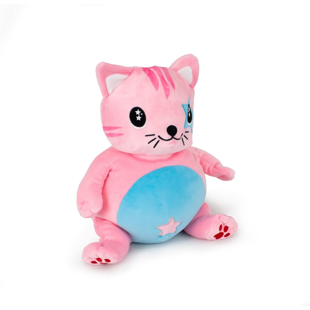 The Starlight Kandy Kat 2-in-1 Travel U-Neck Pillow is a cozy plush cat with pink fur, a round blue belly featuring a blue star, black button-like eyes with white star highlights, and pink paws. It sits upright on a white background.