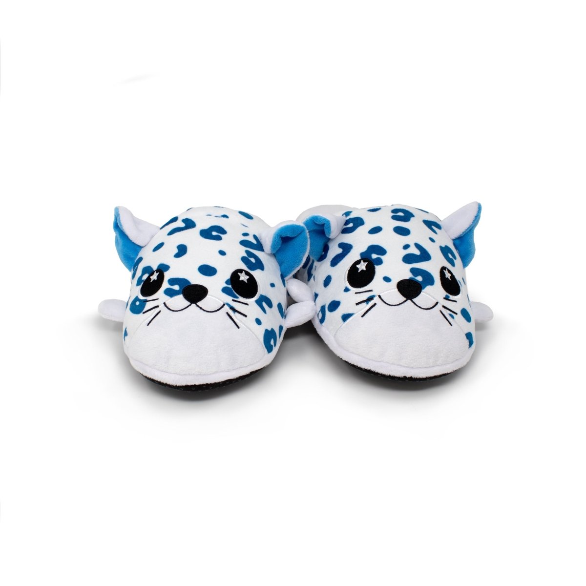 Snowie the Snow Leopard Slippers feature blue and white spots, smiling faces, pointy ears, and black star-shaped eyes, shown side by side on a white background.