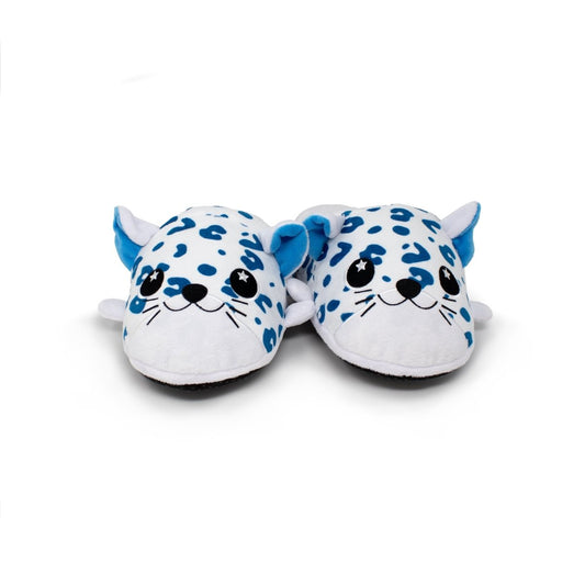 Snowie the Snow Leopard Slippers feature blue and white spots, smiling faces, pointy ears, and black star-shaped eyes, shown side by side on a white background.