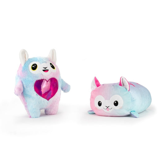 The Daisy and Alpaca Monstah Pair includes two machine-washable plushies with pastel blue and pink fur, big eyes, cute faces, and white ears—one upright with a heart on its chest; one flat with sensory softness for comfort.