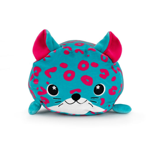 Melina the Leopard is a round, plush toy with teal blue fur, bright pink spots, large pink ears, black starry eyes, and small whiskers, resembling a cat and shown against a white background.