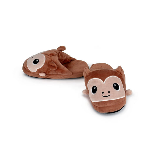 The Chunky Monkey Kids Slipper is a brown pair with smiling monkey faces, embroidered details, ears, and non-slip soles, shown on a white background.