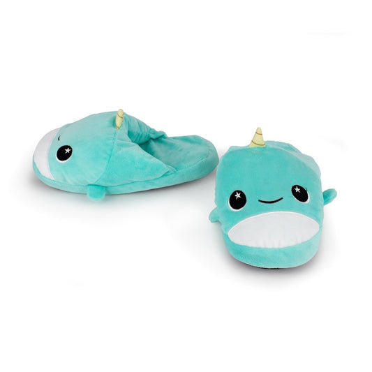Minthe the Narwhal Kids Slipper: plush blue-green kids slippers with smiling faces, white bellies, small fins, and yellow horns, shown on a white background.