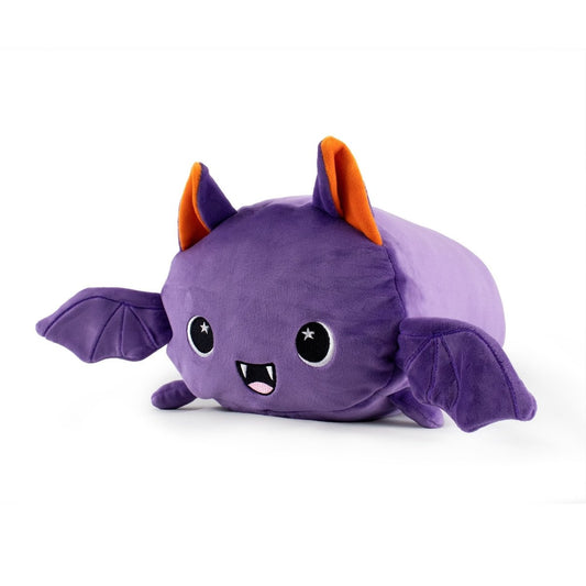 Meet Oswald the Bat Plushie—a cute purple bat with orange inner ears, big black eyes with white highlights, a smiling mouth with tiny fangs, and outstretched wings. Perfect for cuddling and plushie lovers!.