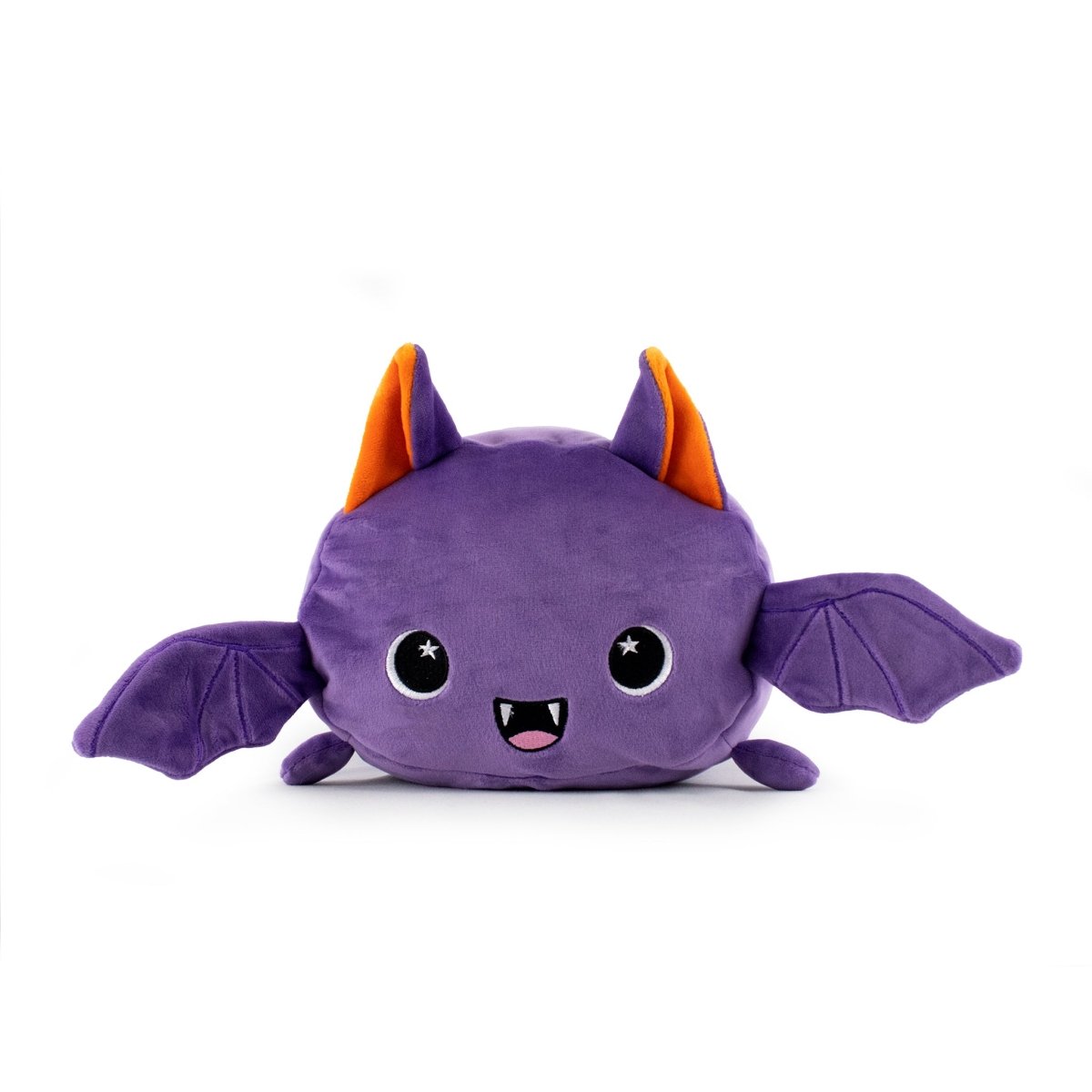 Oswald the Bat Plushie is a cute, round, purple plush bat with big black eyes, a smiling mouth with tiny fangs, orange inner ears, and outstretched wingsโperfect for cuddling against a plain white background.
