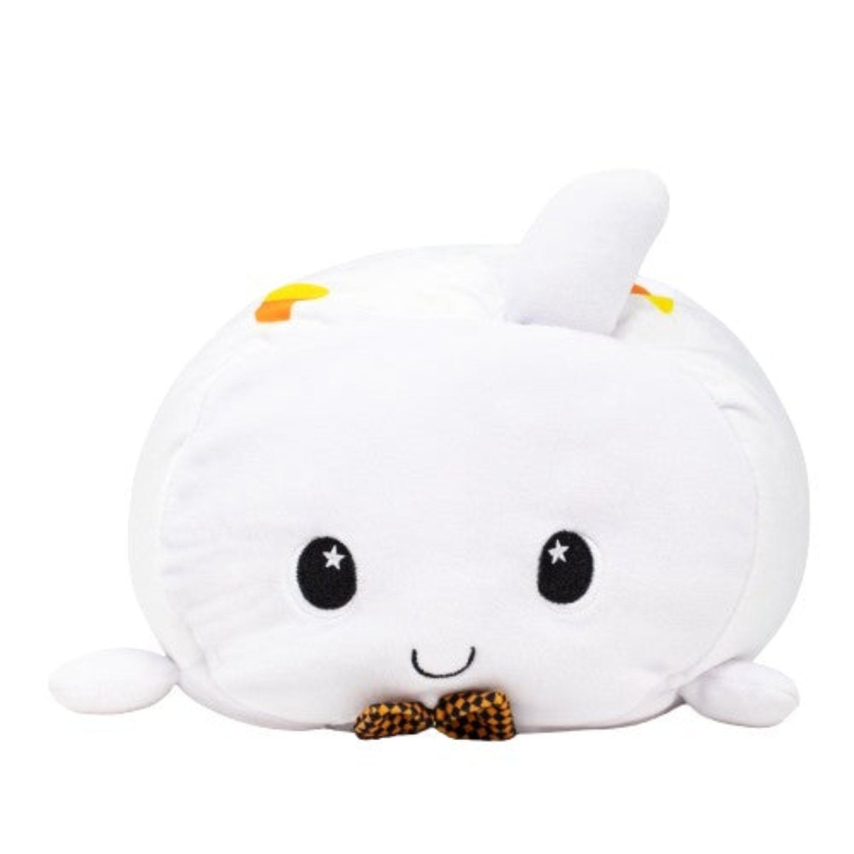 Boo the Ghost Plushie is an adorable, round, white plush toy with a smiling face and starry eyes. It sports a small checkered bow tie and soft, colorful body accents, giving it a chubby and huggable appearance.