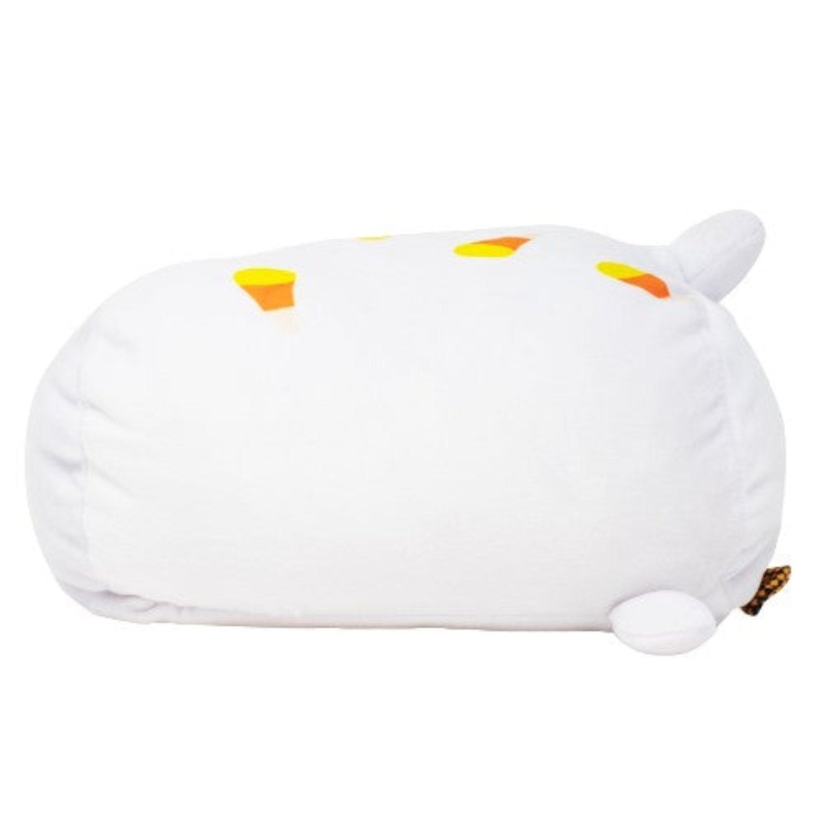 A round, white plush toy with small ears and a soft texture: Boo the Ghost Plushie. It has candy corn-like yellow and orange spots on its back, but its face is not visible from this side view.