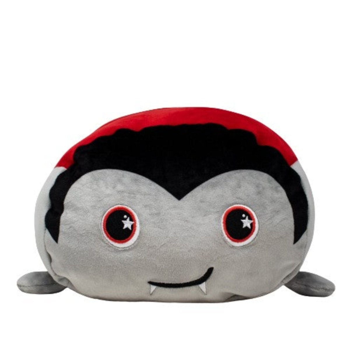 Meet Bram the Vampire Plushie from the Moosh-Moosh Spooky Series—this cute Halloween pillow has black hair, starry red and black eyes, a small smile, and two little white fangs. Perfect for spooky season cuddles!.
