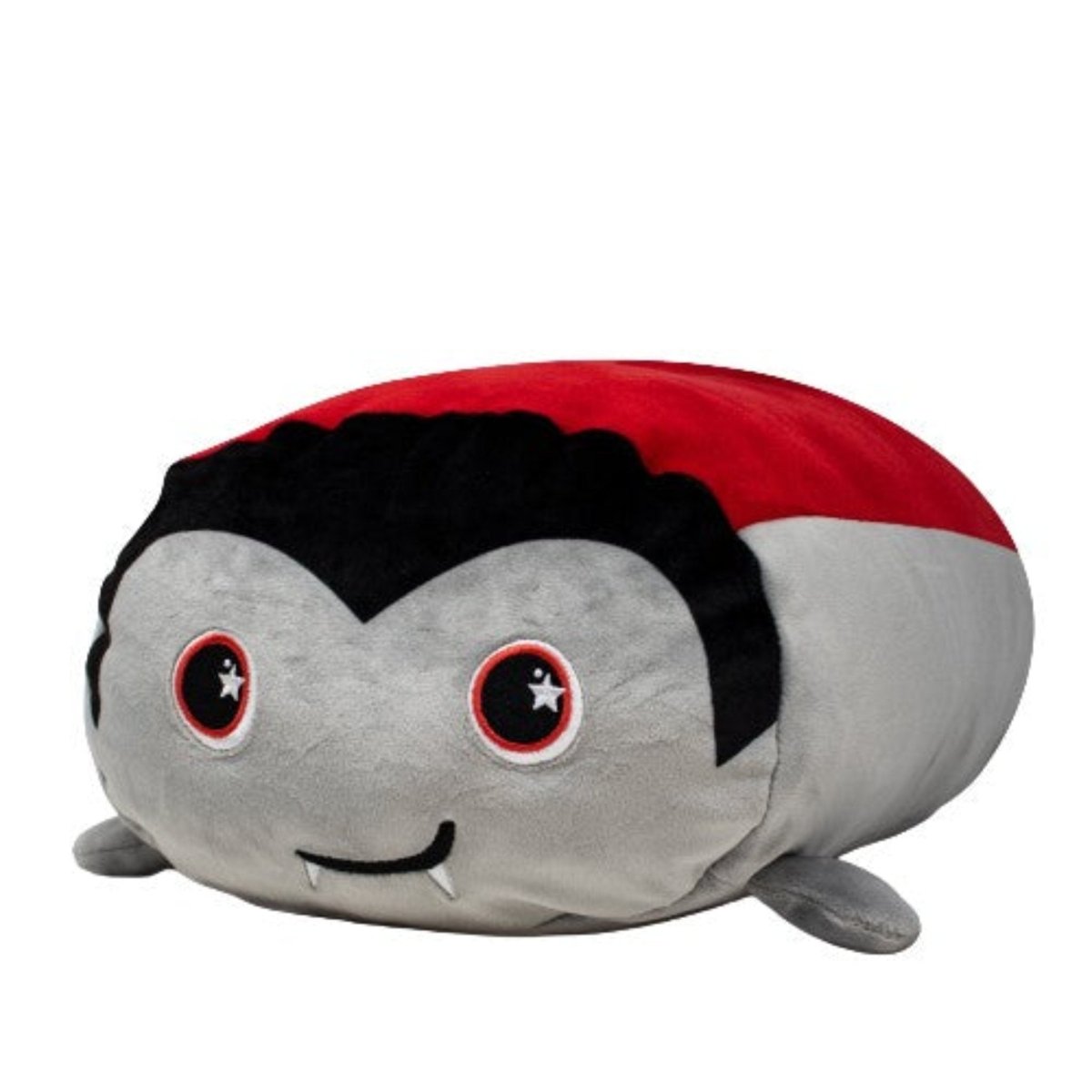 Bram the Vampire Plushie from the Moosh-Moosh Spooky Series is a round, soft stuffed animal with a gray face, small fangs, black hair, red and black eyes, red back, and tiny gray arms—perfect for Halloween!.