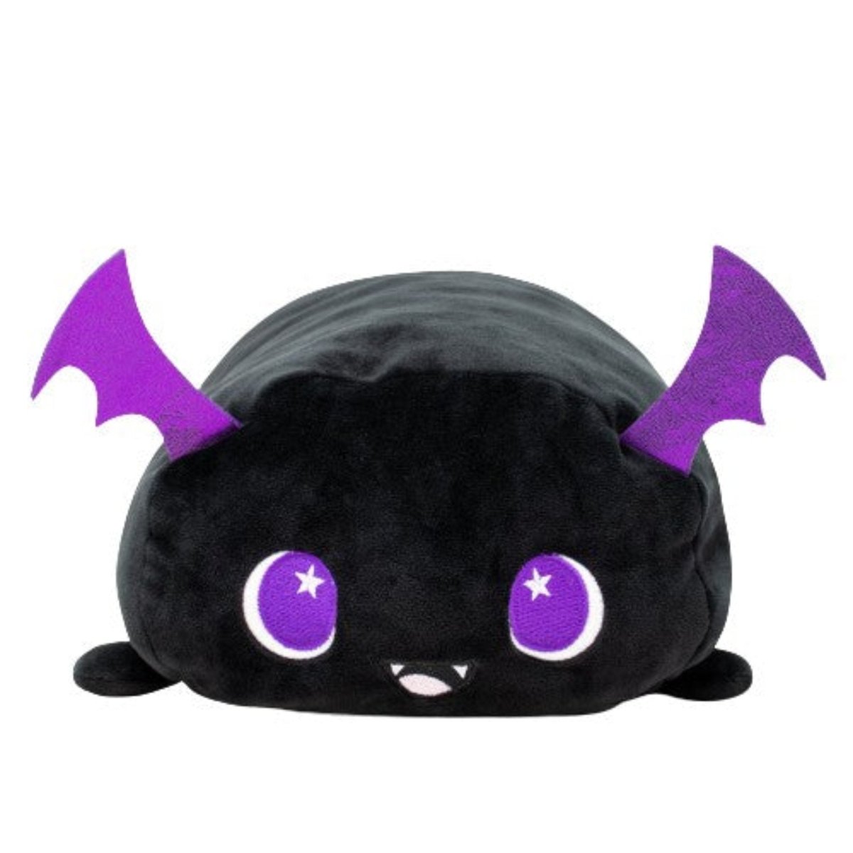 Cassie the Bat Plushie: a cute, plush toy with soft black fur and vibrant purple wings. It boasts large purple eyes with star details and a small white fang in its smile, offering an adorable and friendly appearance.