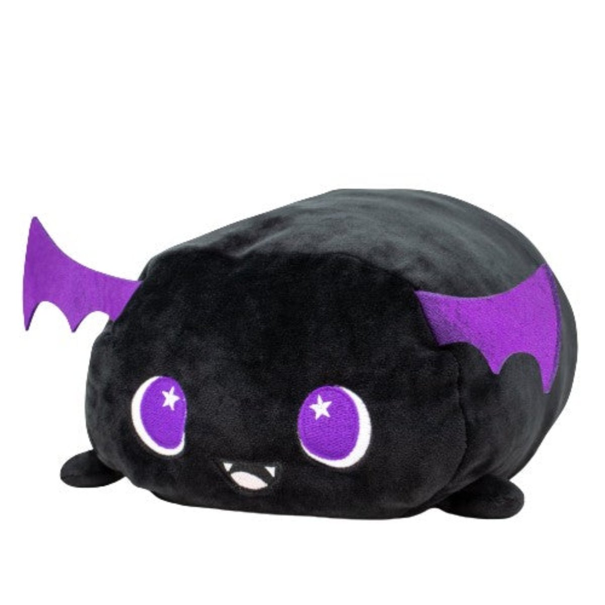 Cassie the Bat Plushie is a cute, black stuffed animal with purple wings, big star-detailed purple eyes, a small smiling mouth, and tiny feet.