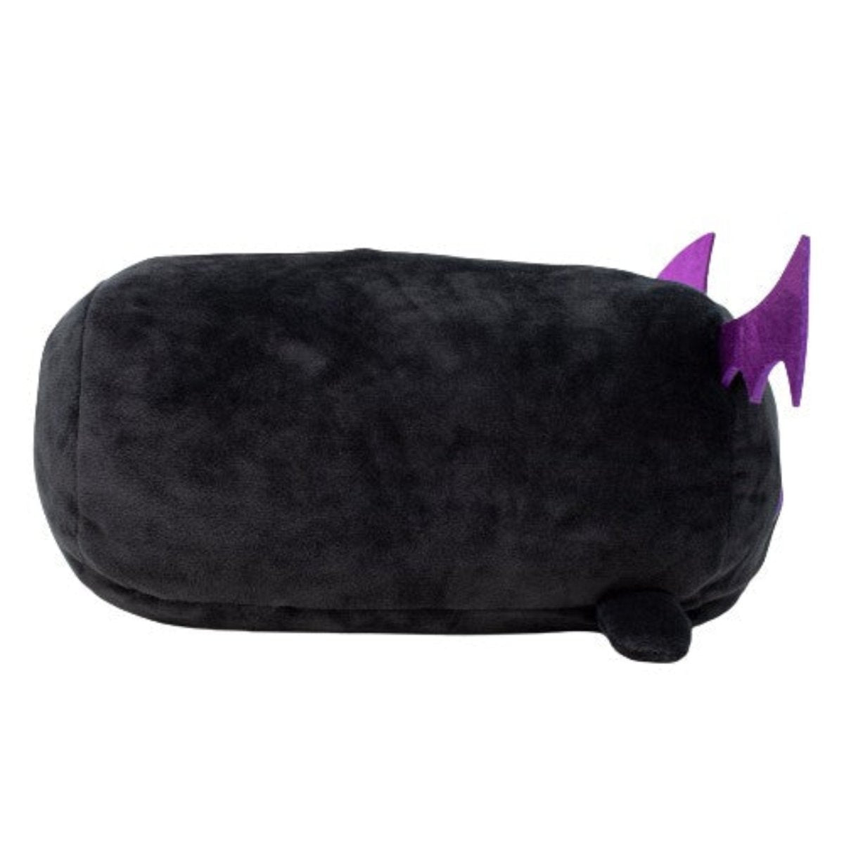 The Cassie the Bat Plushie is an adorable, round black pillow featuring small purple wings. Its soft, minimalist design looks charming against a plain white background, making it a delightful addition to any decor.