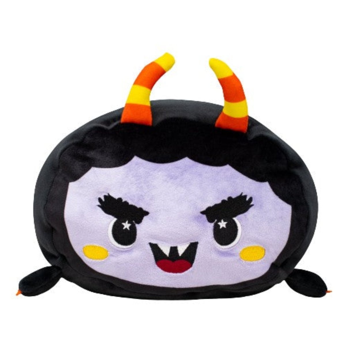 Fang the Monster Plushie is a cute Spooky Series pillow shaped like a cartoon vampire with purple skin, black hair, yellow cheeks, sharp fangs, and orange-yellow striped hornsโpart of the Moosh-Moosh Halloween plushies collection.