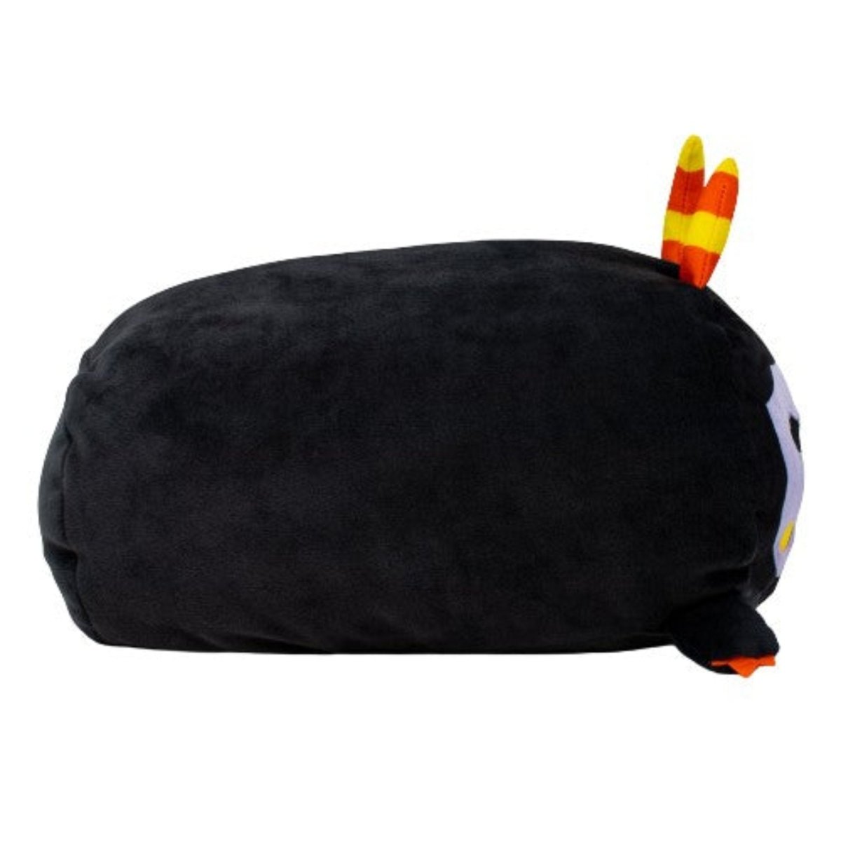 Fang the Monster Plushie is a round black cat plush from the Moosh-Moosh Spooky Series, featuring orange-and-yellow striped ears and a purple face with yellow markingsโan ideal Halloween cuddly toy!.