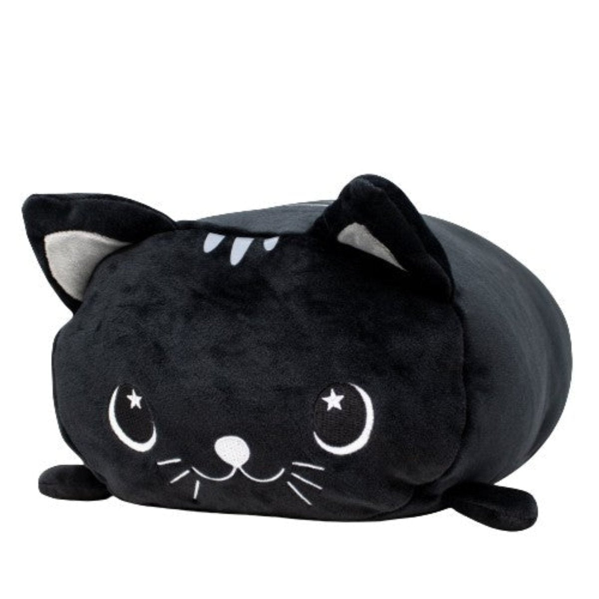 Fortune the Cat Plushie is an adorable black cat pillow with crescent moon eyes, small ears, a relaxed body, embroidered whiskers, and a small smile.
