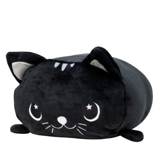 Fortune the Cat Plushie is an adorable black cat pillow with crescent moon eyes, small ears, a relaxed body, embroidered whiskers, and a small smile.