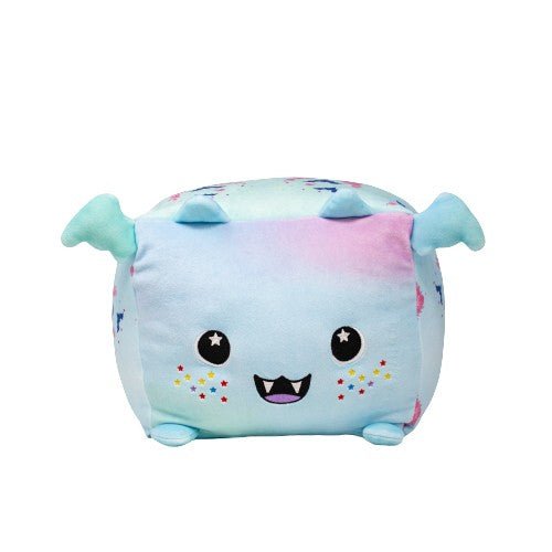 Hiso the Bat is a pastel blue and pink square plush with small ears, wings, starry eyes, fangs, and colorful star-shaped cheek spots—super soft and perfect for snuggles. Shown on a white background.