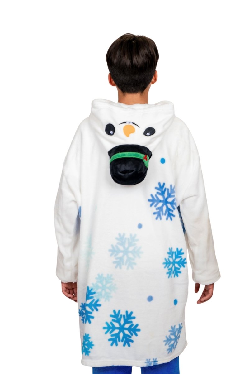 A person wearing the Jack the Snowman Hooded Blanket, a cute white robe with blue snowflakes, featuring a plushie snowman face hood with carrot nose and earmuffs, highlighting its soft fabric and charming details from the back view.