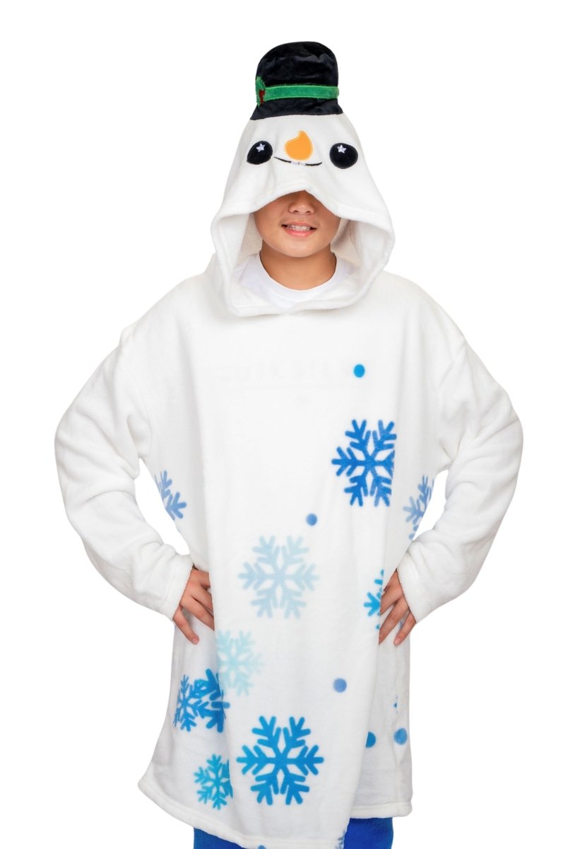 Wearing the large Jack the Snowman Hooded Blanket, styled as a charming snowman with blue snowflakes and a hood featuring cartoon eyes, an orange nose, and a black top hat, they stand with hands on hips, exuding plush toy charm.
