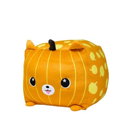 Pom-Kin the Pomeranian Pumpkin is an adorable cube-shaped plushie with a cheerful orange pumpkin design, featuring a sweet face with big eyes, a small nose, and a smiling mouth. It also has two small ears and a tiny stem on top.
