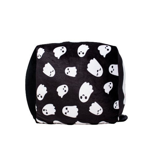 Skully the Skeleton is a soft black cushion that features whimsical white cartoon ghosts with simple black eyes and mouths, adding a playful Halloween theme. Perfect for snuggling during the spooky season!.