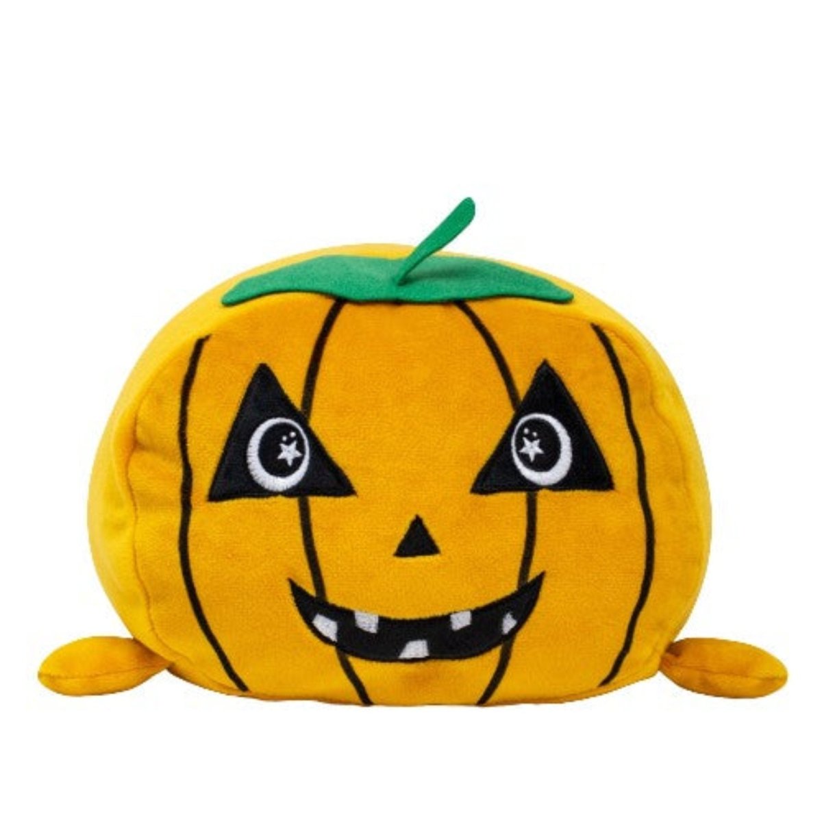 Vincent the Pumpkin Plushie is a cuddly jack-o’-lantern pillow with a green stem, triangle eyes and nose, a wide smiling mouth with uneven teeth, and small round feet—perfect for Halloween!.