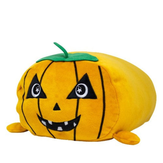 Vincent the Pumpkin Plushie is a bright yellow-orange stuffed pumpkin with a smiling jack-o’-lantern face, black stitched starry eyes, and a green stem and leaf—perfect as a Halloween plush pillow.