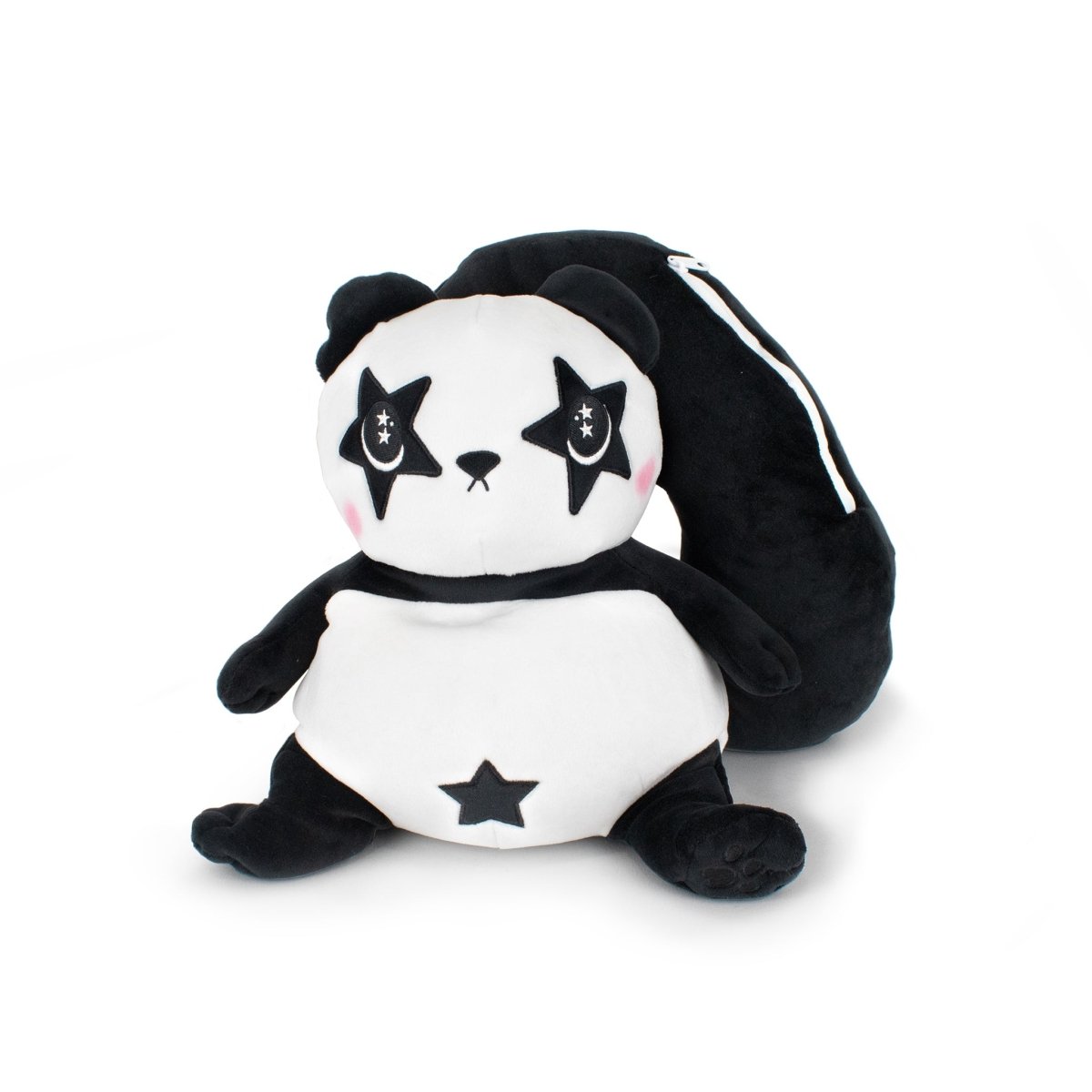 The Starlight Pandy 2-in-1 Travel U-Neck Pillow is a cuddly, black and white panda plush with star markings, a star on its belly, a fluffy black tail, and a back zipper—perfect as both a cute companion and cozy travel pillow.