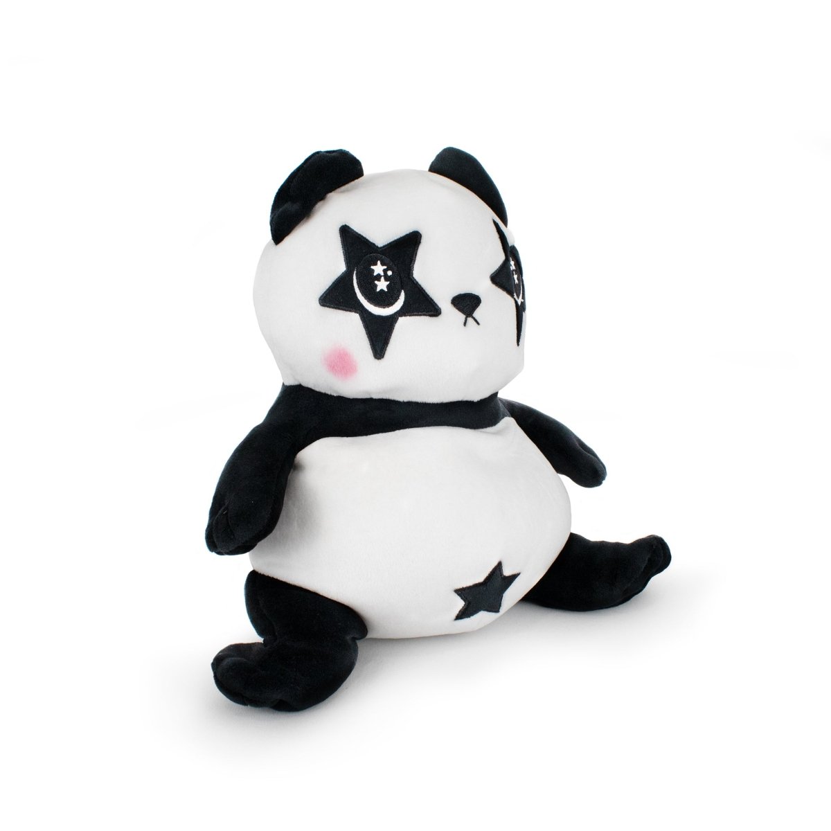 The Starlight Pandy 2-in-1 Travel U-Neck Pillow features a cuddly panda with black ears, arms, and legs, star-shaped eyes, a belly star, and pink cheek blush. Sits upright for snuggling or use as a cozy travel pillow on a plain white background.
