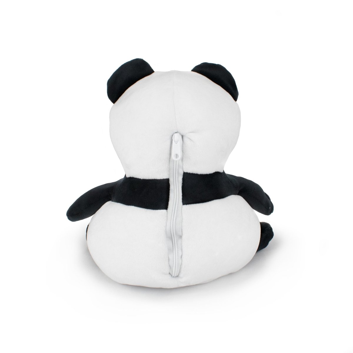 The Starlight Pandy 2-in-1 Travel U-Neck Pillow, shown from the back with black ears, arms, and legs, a white body, and a zipper down its back, doubles as a cuddly panda plush and cozy travel pillow. Plain white background.