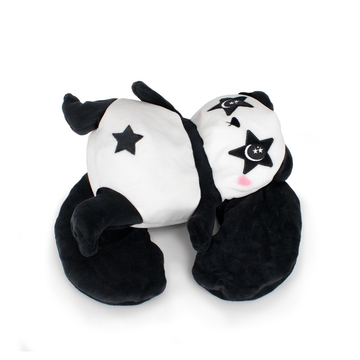 The Starlight Pandy 2-in-1 Travel U-Neck Pillow features a cuddly panda plush lying on its back with black star accents, black ears and legs, and a cute blush—perfect for cozy comfort on the go against a crisp white background.