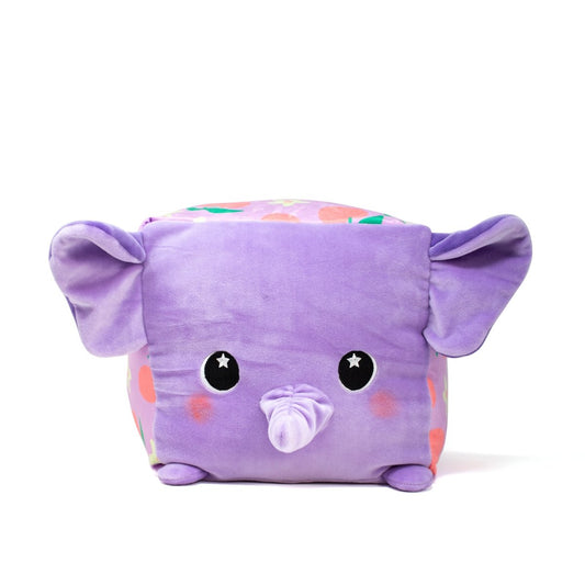 The Peach Squared Plushie, a cuddly cube delight, features a purple elephant with floppy ears, a small trunk, starry eyes, and rosy cheeks. It's machine washable and has colorful side patterns for easy cleaning and endless fun.