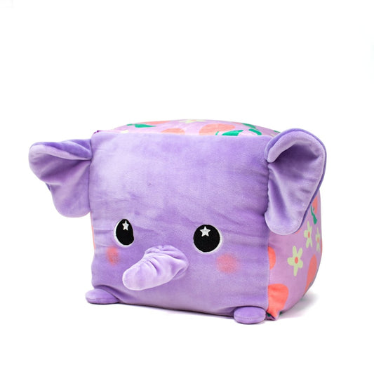 The Peach Squared Plushie is a cube-shaped elephant plush perfect for cuddling, featuring a purple body, large ears, a cute trunk, and starry eyes. Its sides display colorful floral patterns on a pink background. It's machine washable for convenient care.