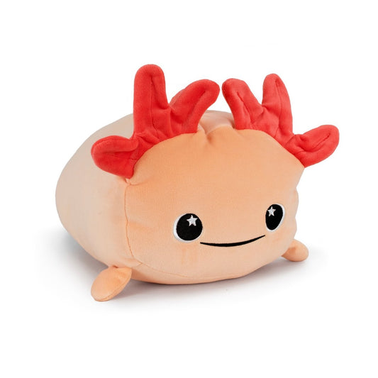 Pearl the Axolotl is a plush toy with a round peach-colored body, red feathery gills, small legs, and a cute embroidered smiling face with white star highlights in its eyes.