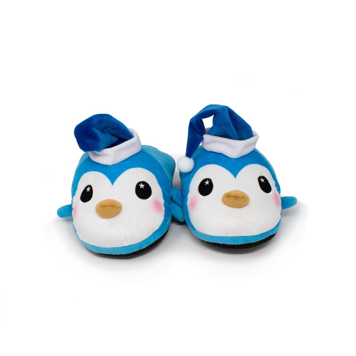 Peckington the Penguin Slippers are blue and white plush slippers shaped like penguins, each wearing a blue Santa hat with white trim and pom-pom, featuring cute faces with pink cheeks and big eyes—perfect for the holidays.