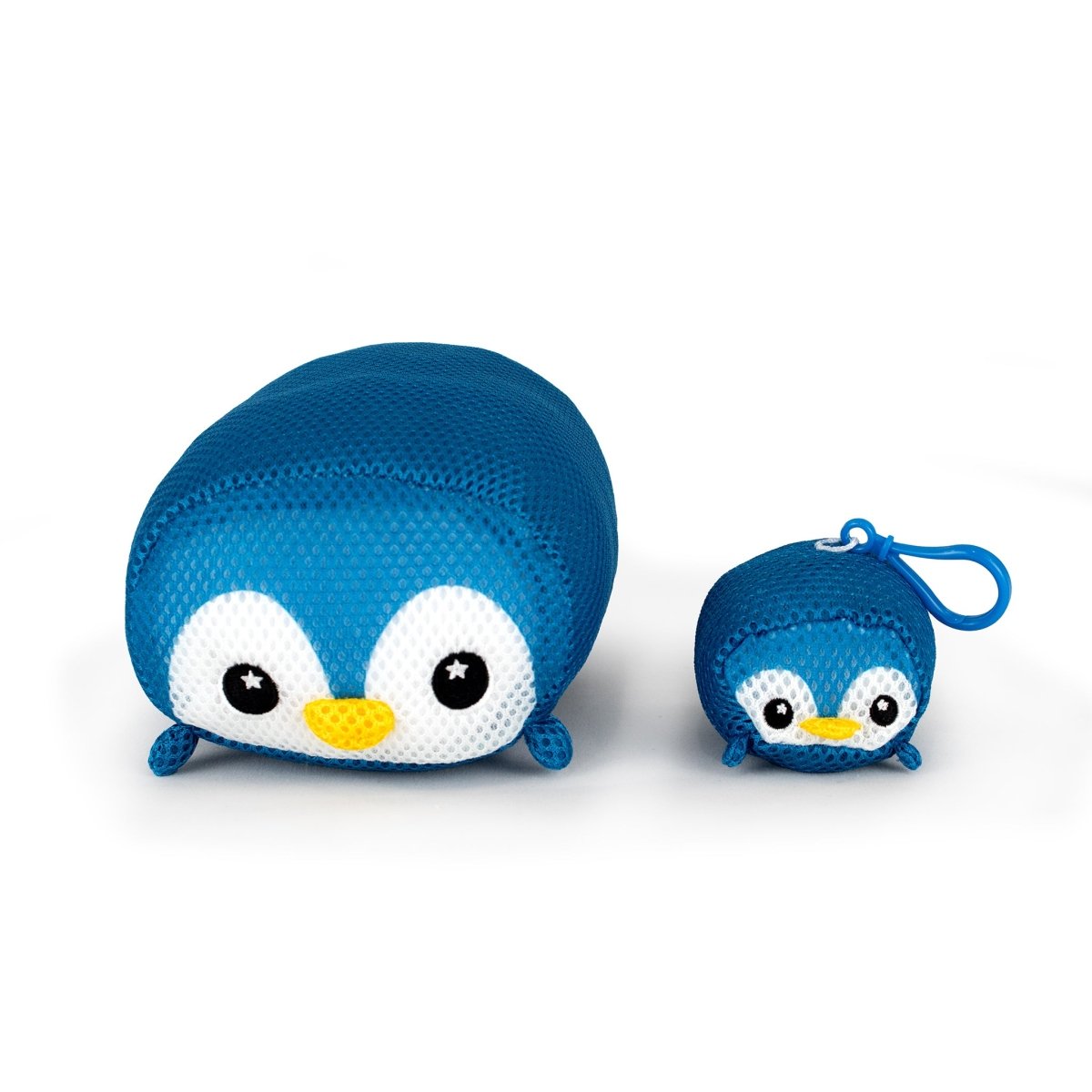 Two Aqua Moosh-Moosh Elle plush toys are side by side on a white background. The larger one is on the left, while the smaller one on the right has a blue clip on its head. Both feature white faces and yellow beaks.