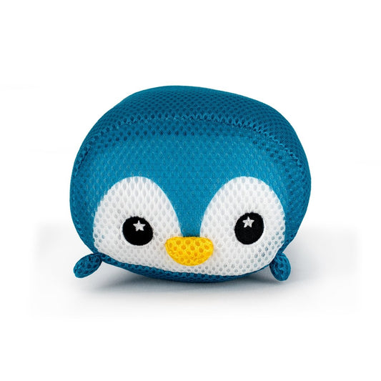 The Aqua Moosh-Moosh Elle is a plush toy shaped like a blue penguin, featuring a white face, yellow beak, black eyes, and made from textured mesh fabric, shown against a white background.