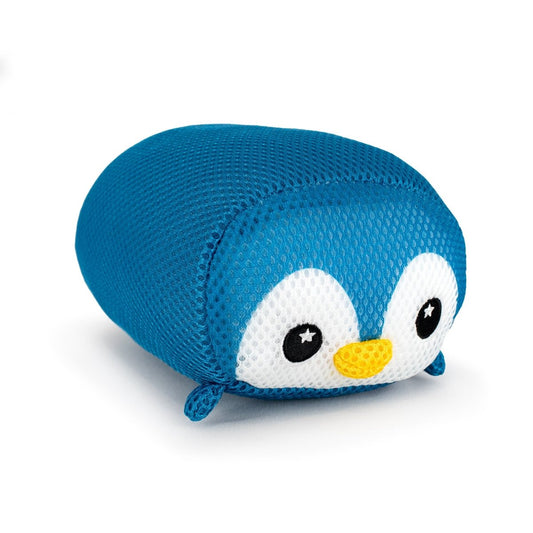 Aqua Moosh-Moosh Elle is a plush toy shaped like a blue penguin with a mesh texture, large white eyes with black pupils, a yellow beak, rounded cylindrical body, and small side flippers.