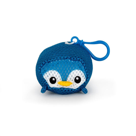 Aqua Plush Clip-on Elle is a small, blue penguin-shaped plush toy with a yellow beak, white face, black eyes, and a blue plastic clip. Made from fast-drying mesh fabric, it's perfect for pool or bathtub fun.