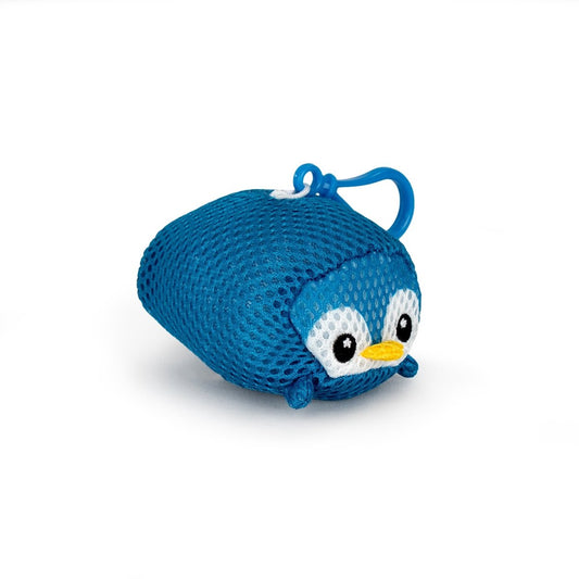 Aqua Plush Clip-on Elle: A blue, mesh, penguin-shaped pouch with a yellow beak, white eyes, fast-drying fabric, and a blue plastic clip at the top, shown on a white background.