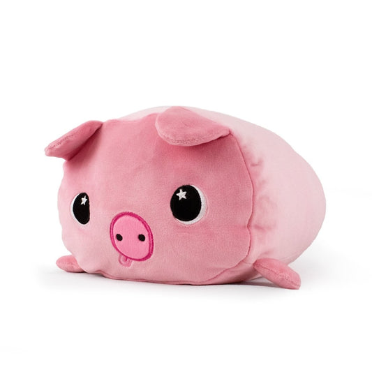 Pinky the Pig Plushie is a soft, round toy made from ultra-soft materials, featuring a pink snout, big shiny black eyes with white highlights, flappy ears, and tiny legs. The primarily pink plush stands out on a plain white background.