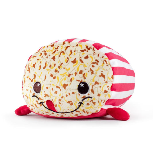 Meet Pop the Popcorn Plushie, a charming cuddly toy resembling a fluffy, smiling pastry. It features large eyes, a small tongue sticking out, and pink and white stripes. Fans of stuffed plushies will surely adore this delightful cutie!.