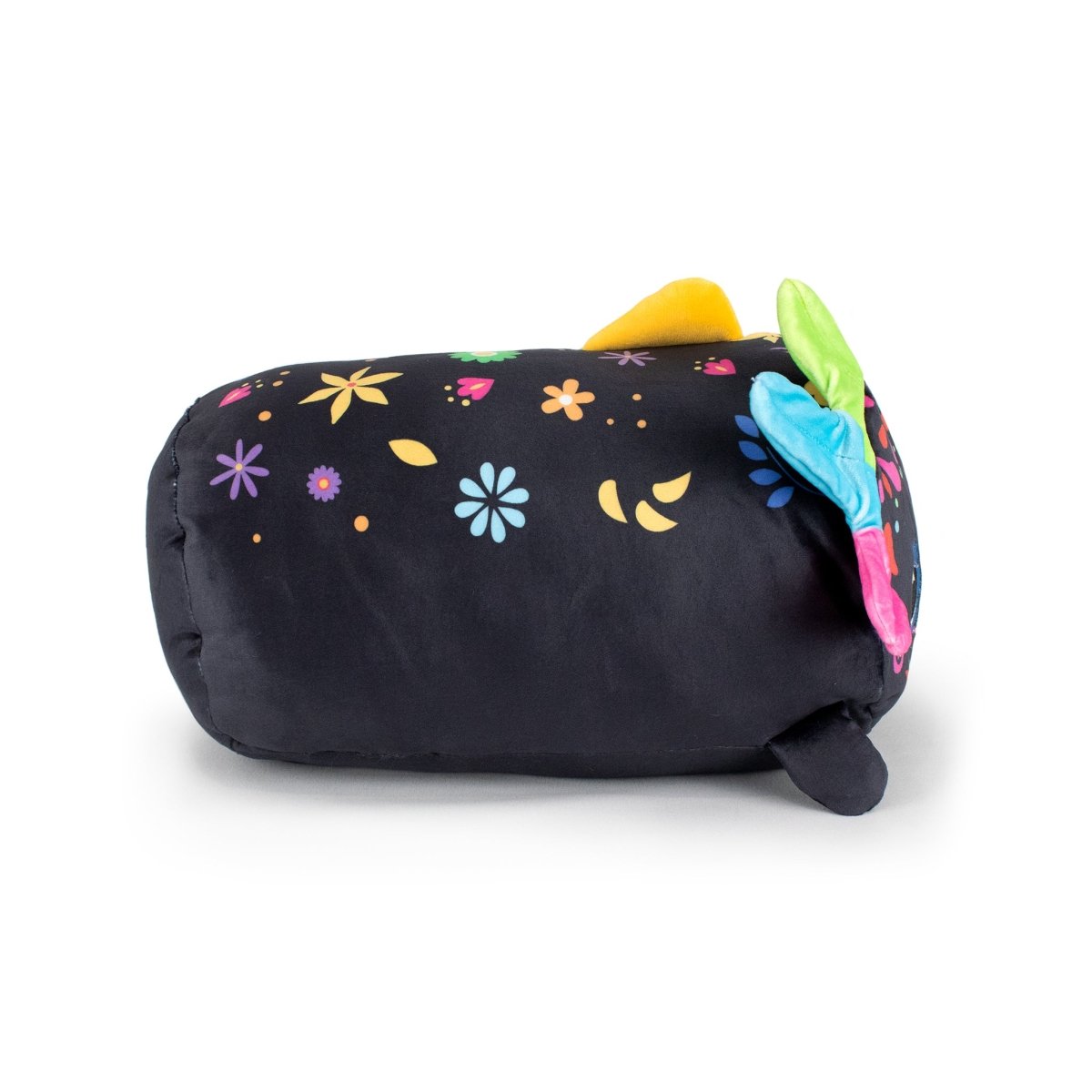 Reina the Axolotl is a cuddly plush toy shaped like a chubby axolotl, crafted with black fabric decorated with colorful flowers and leaves in blue, green, pink, and yellow—perfect for fans of stuffed plushies.