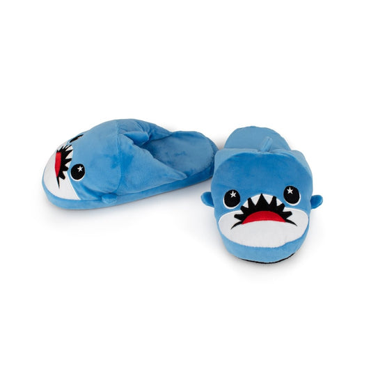 Azul the Blue Shark Kids Slipper is a pair of blue plush house slippers for kids, featuring cartoon eyes, fins, and shark mouths with white teeth and red interiors. These non-slip slippers combine comfort with playful style.